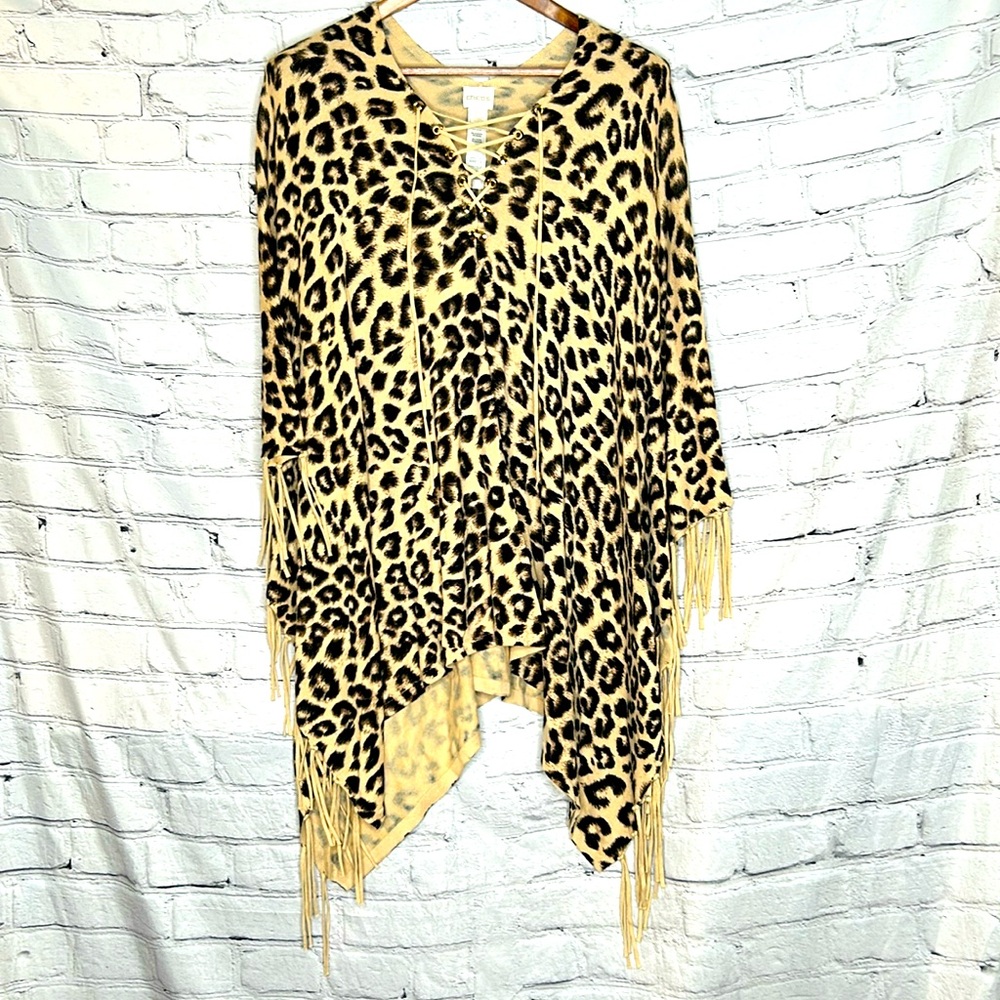 Chico’s Tan Black Leopard Print Fringed Poncho One Size Fits All